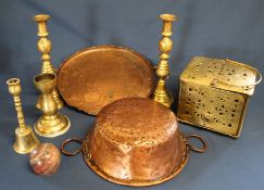 Art Nouveau J S & S copper tray, copper colander, 18th century Dutch brass foot warmer, pair of