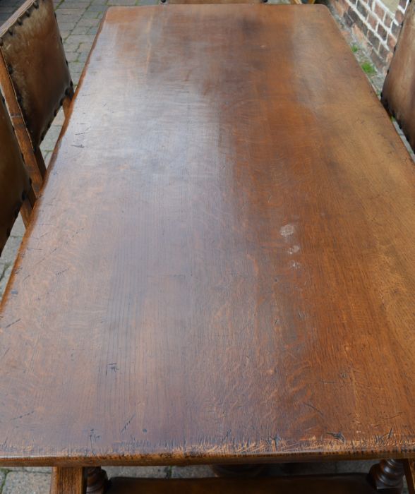 Oak refectory table in the Jacobean style 168cm x 77cm, with 6 Cromwellian style dining chairs in - Image 2 of 3