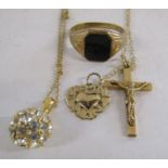 Small amount of 9ct gold including crucifix, broken onyx ring, 9ct gold chains - no marks to ball or