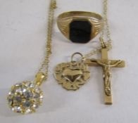 Small amount of 9ct gold including crucifix, broken onyx ring, 9ct gold chains - no marks to ball or