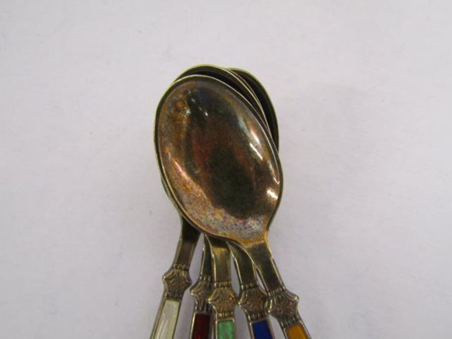 5 Soviet silver gilded spoons with black and white enamelling and 5 Denmark sterling silver spoons - Image 4 of 9