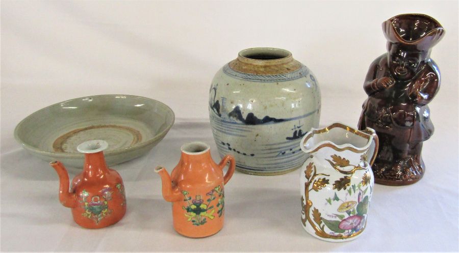 Chinese stoneware ginger jar missing lid, Chinese stoneware dish and snuff taker jug & 3 other jugs