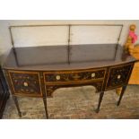 19th century bow fronted sideboard with ornate inlaid decoration on tapering legs with spade feet