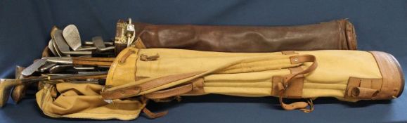 Quantity of vintage golf clubs, some with hickory shafts in Martin & Wrights Midge bags