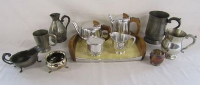 Picquot ware tea set with tray, pewter and silver plate