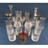 Collection of glass ware including celery vases, crystal brandy glasses and tumblers etc