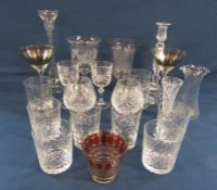 Collection of glass ware including celery vases, crystal brandy glasses and tumblers etc