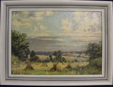 Clive Browne oil on board depicting view over wheat fields 41cm x 30.5cm