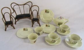 Goldilocks and the 3 bears child's tea set (teapot lid replaced) and vintage miniature cane