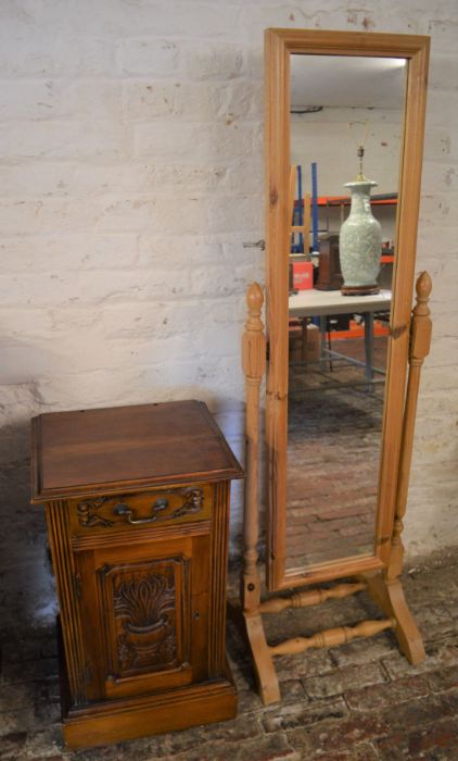 Pine cheval mirror on stand & a Victorian pot cupboard