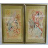 Pair of Chinese oriental pictures depicting Kuan Yin one with a baby and dragon and the other with a