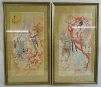 Pair of Chinese oriental pictures depicting Kuan Yin one with a baby and dragon and the other with a