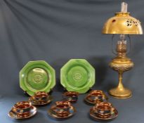 Brass paraffin lamp with decorative shade set with faceted coloured glass, 2 green glazed Casa