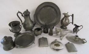 Collection of pewter and other white metal items including hip flasks, pheasant hen and cock,