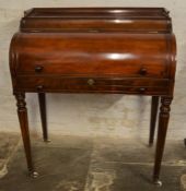 Willian IV/Victorian cylinder top bureau de dame in mahogany on reeded legs with porcelain