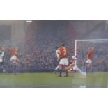 Eric Cantona's winning goal at Wembley 1996 by Marc Grimshaw and pencil signed approx. 61.5cm x 52cm