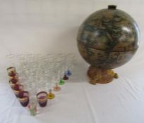 Globe table bar made in Italy & 17 'Pony' glasses and coloured glasses