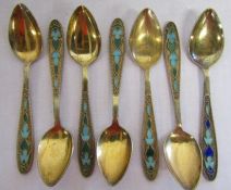 Set of 6 enamelled Soviet silver gilded teaspoons and one other matching pattern in blue total