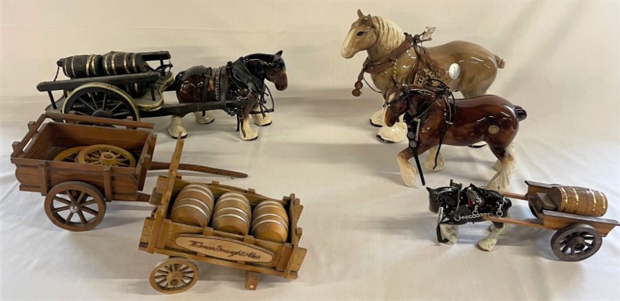 4 ceramic working horses and carts, including Melrose and Staffordshire