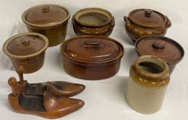 Selection of stoneware including oven dishes and a pair of wooden lasts
