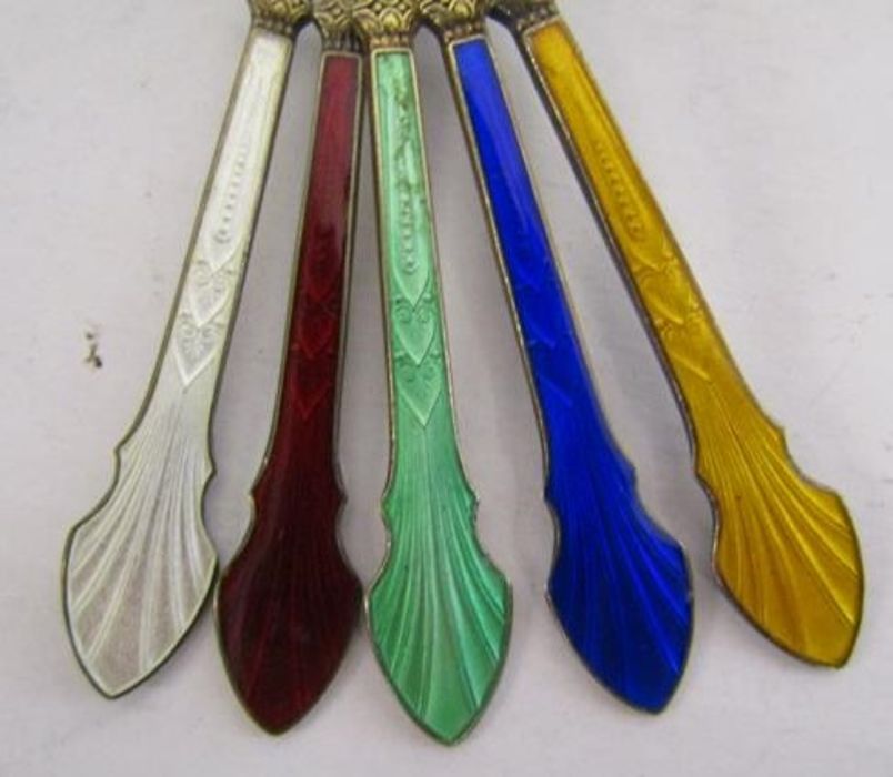 5 Soviet silver gilded spoons with black and white enamelling and 5 Denmark sterling silver spoons - Image 3 of 9