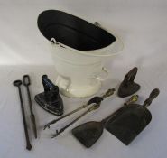 Coal bucket, fire irons and flat irons