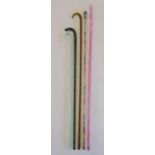 5 glass canes - Pale pink glass plain cane and hollow ball finial - dark green glass walking stick