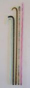 5 glass canes - Pale pink glass plain cane and hollow ball finial - dark green glass walking stick