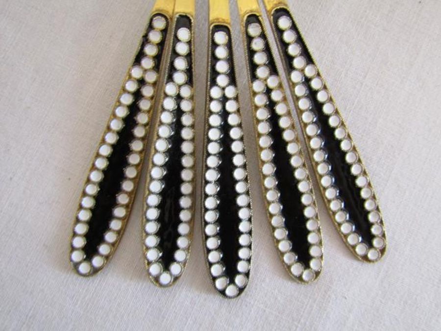 5 Soviet silver gilded spoons with black and white enamelling and 5 Denmark sterling silver spoons - Image 7 of 9