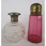 Silver topped perfume bottle Birmingham 1914 engraved MS and cranberry glass sugar sifter