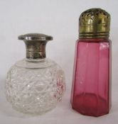 Silver topped perfume bottle Birmingham 1914 engraved MS and cranberry glass sugar sifter