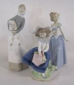 2 Lladro figurines girl with lamb and Pretty Pickings and Nao figurine lady with fan