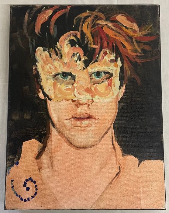 Sarah Webb painting of masked man 30 x 40 cm