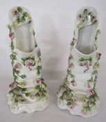 Pair of Meissen style slipper vases with angel cherubs and flowers