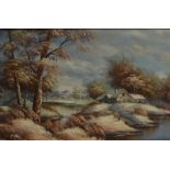 Large oil on canvas of a winter landscape. Frame size 90cm by 65cm