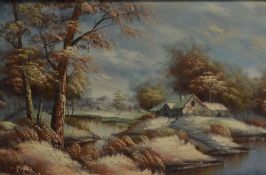 Large oil on canvas of a winter landscape. Frame size 90cm by 65cm