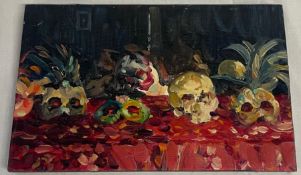 Small painting of skulls and masks, in the manner of Sarah Webb, 25.5 x 16 cm