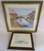 St Mary's Island, Whitley Bay signed J Harker watercolour approx. 36.5cm x 31.5cm and Staithes