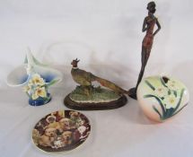 Franz daffodil vase and basket, lady with hand on chest figurine, Capodimonte pheasant etc