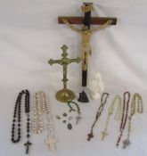 Religious items including wooden hanging crucifix made in Italy, brass crucifix, rosaries etc