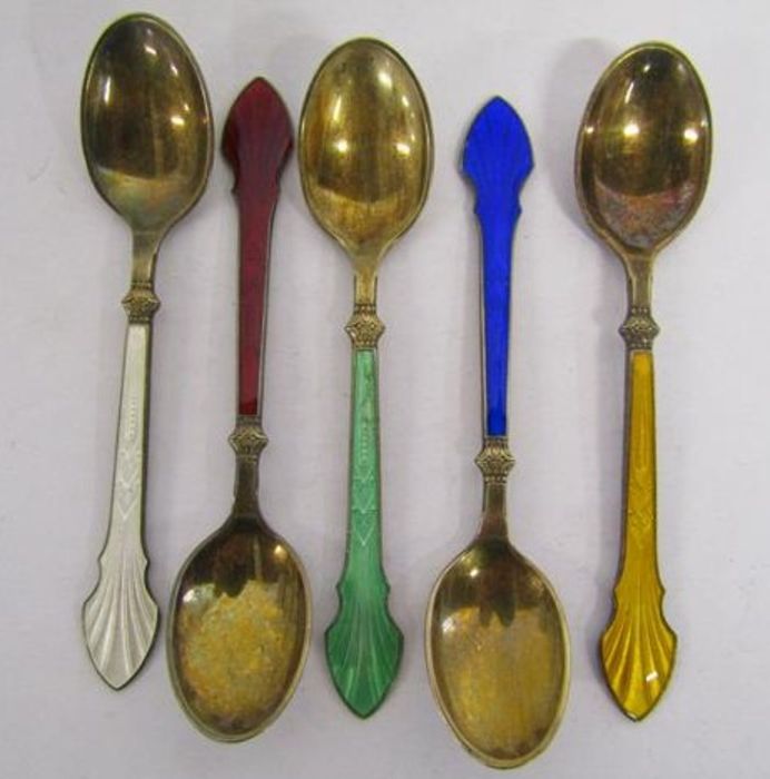5 Soviet silver gilded spoons with black and white enamelling and 5 Denmark sterling silver spoons - Image 2 of 9