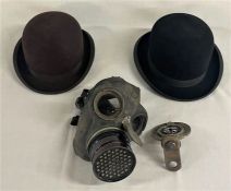 2 bowler hats including Falcon and Cunningham and co, gas mask and Royal Automobile Club Associate