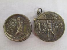 Silver vesta case depicting golfers and silver snuff box with a lady laying on the moon and stars