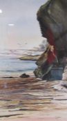 Cornwall beach scene watercolour signed T.E.J Brooker approx. 56cm x 45.5cm (includes frame)