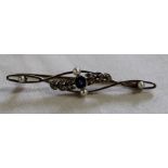 Tested as 15ct gold bar brooch set with central sapphire, diamond set leaves and pearls, 3.67g