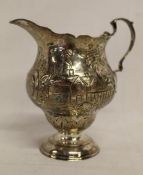 London 1767 George III silver cream jug later engraved with a pastoral scene of a farmstead - gilt