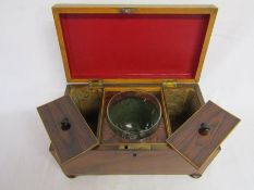 19th century mahogany tea caddy with glass mixing bowl and red lining