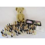 Dean's Gwentoy teddy bear with bell in ear and a collection of chess pieces