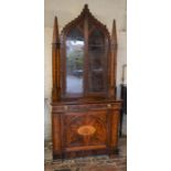 Victorian gothic display case on cabinet with inlay decoration Ht 202cm W 90cm D 64cm