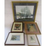 5 prints, Cecil Aldin spaniel with pheasant, Don Li-Leger Geese in spring, Baxter Bridesmaid,